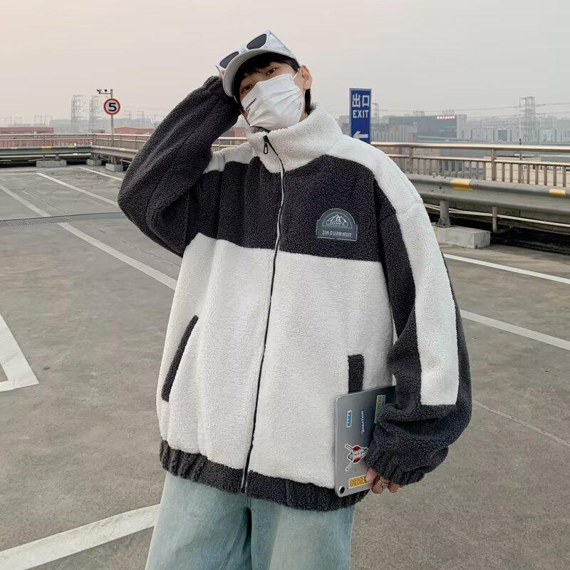 2024 Herren Trendige Lammwoll-Fleecejacke: Lockerer Stehkragen Colorblock Baumwollwattierter Mantel