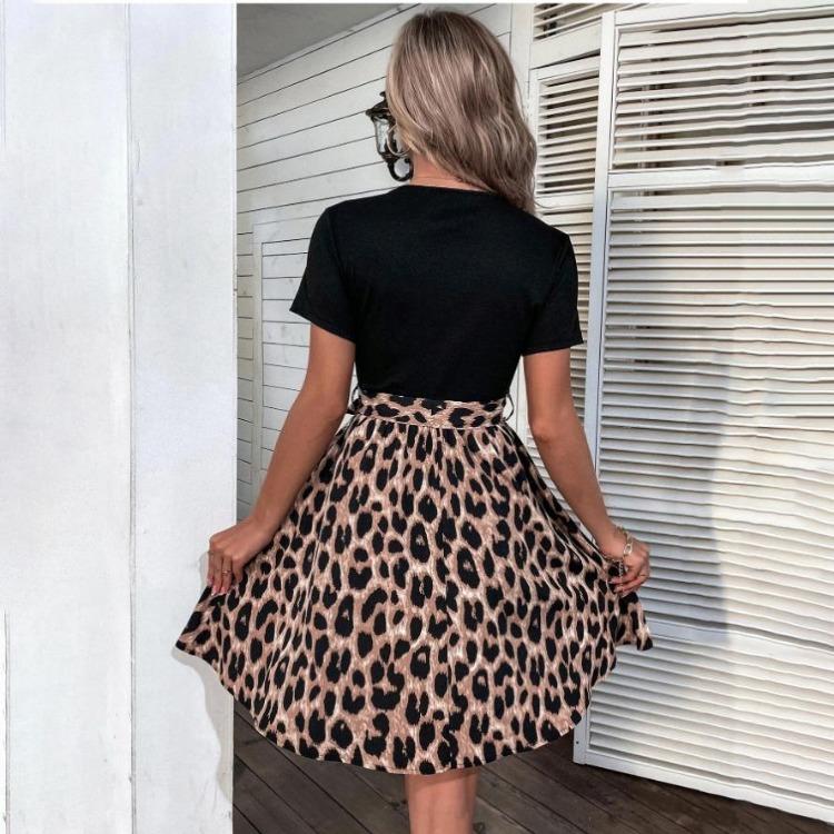 Leopard Print Women Dress with Bow Strap Summer Patchwork