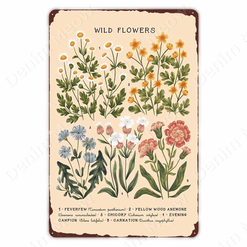 VintageWildFlowersMetalSign Vintage Metal Tin Sign - Wild Flowers Plant Herbarium Art Plaque, Kitchen/Home Wall Decor
