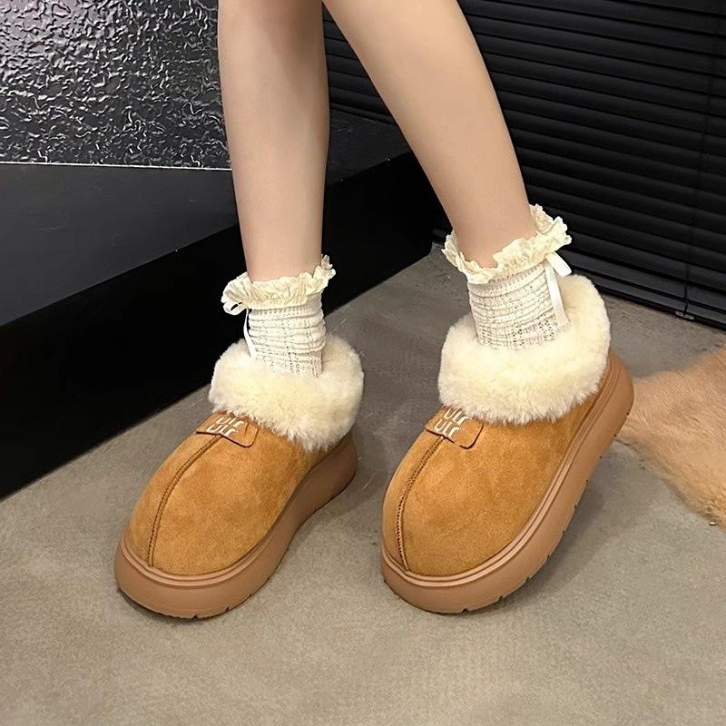 Winter velvet snow cotton retro ugly cute women's shoes frosted fur shoes boots one pedal thin big head bread shoes