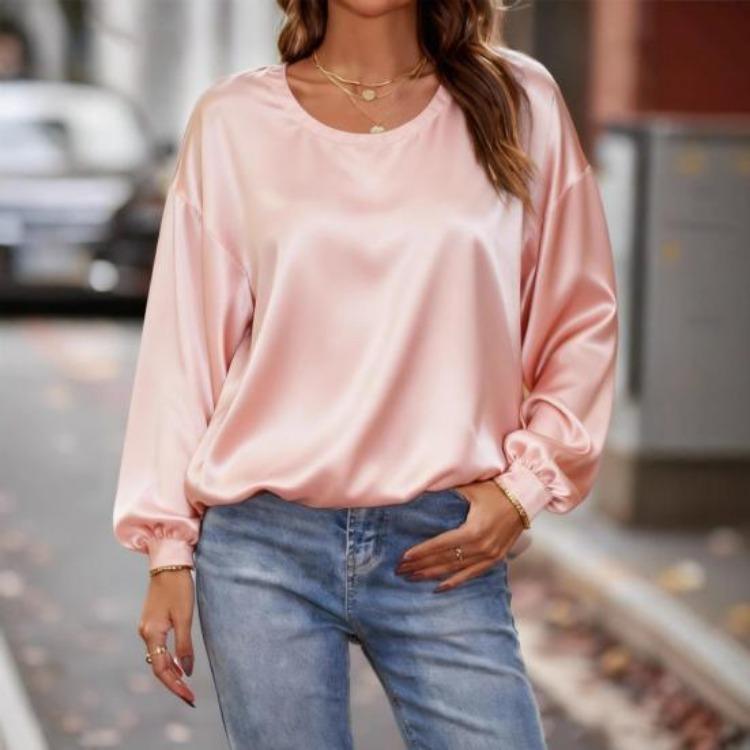 Women Long Sleeve Blouse Solid Color Round Neck Loose Fit Tops Casual Wear for Work Party Date