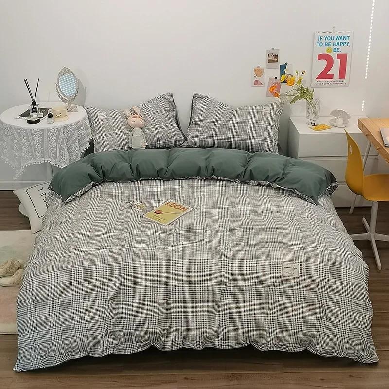 Japanese Grid Printed Washed Bedding Set Skin-Friendly Breathable Quilt Cover Sets for All Seasons Queen King Size Bedclothes