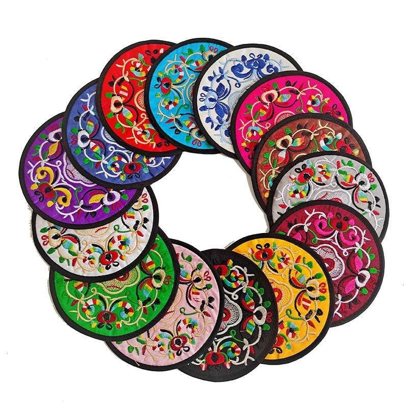 Floral Cloth Coasters for Decoration,13cm Fabric Embroidered Round Coaster Art Souvenirs Gifts Vintage Ethnic Teacup Mat Home Ornament,1pc