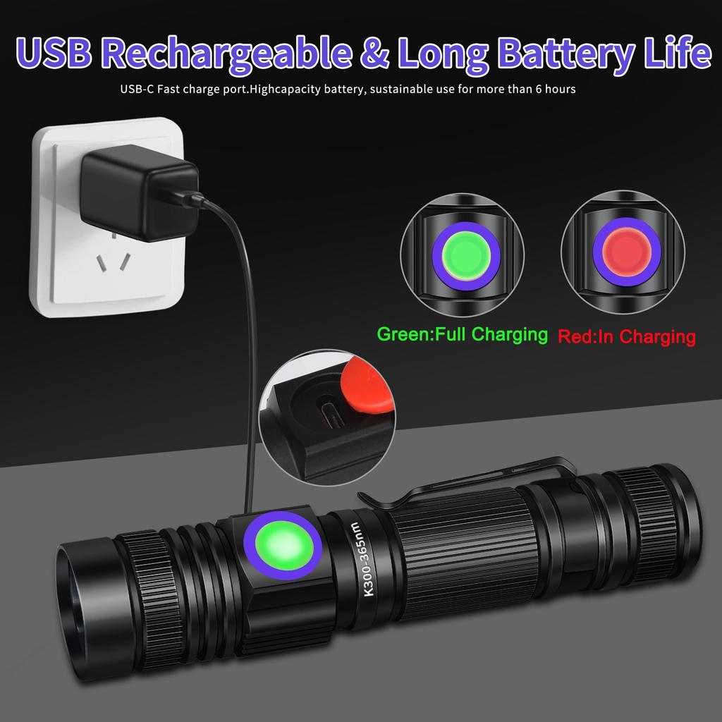 Powerful UV Black USB 365nm Mini Black Portable Handheld UV Light with Adjustable LED Ultraviolet Light Flashlight for Resin and Pet Urine Detection