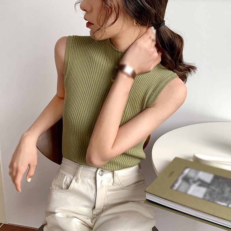 Small Sling Female Summer Wear Retro Hong Kong Flavor Matching Suit Sleeveless Top Simple Inner Base Knitted Vest