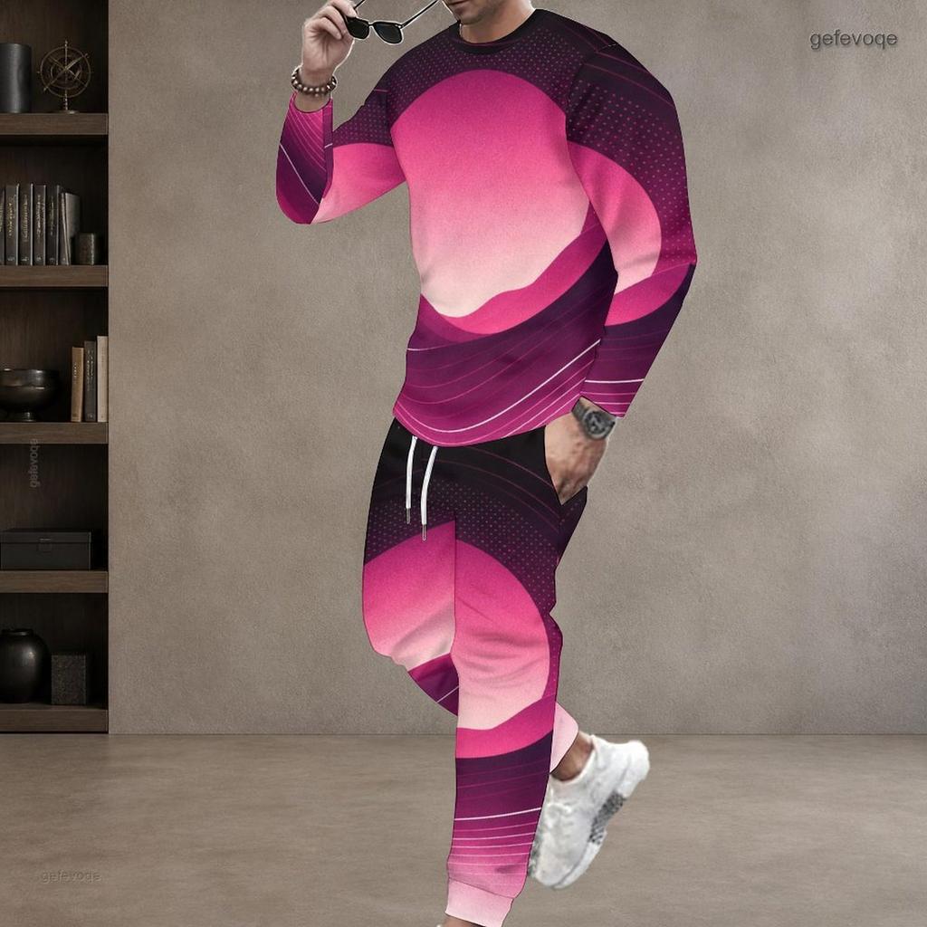 Men Plus Size Printed Round Neck Long Sleeve Top Cuffed Pants Two Piece Set
