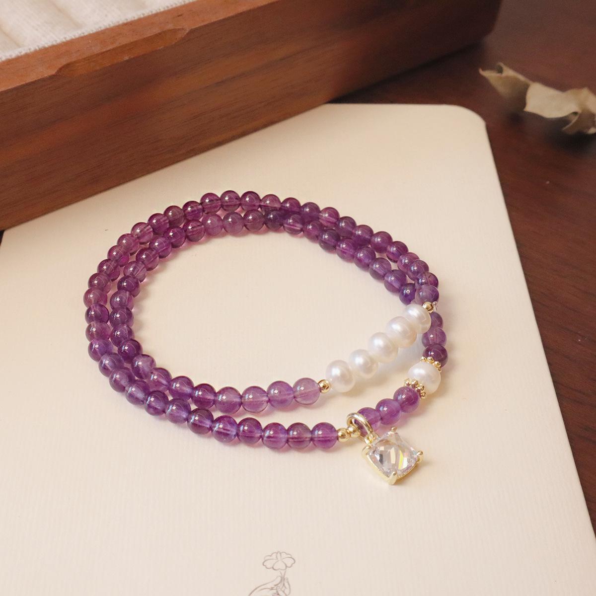 

Natural amethyst bracelet, freshwater pearl double ring crystal bracelet. Bangles Women Fashion Jewelry accessories Gift