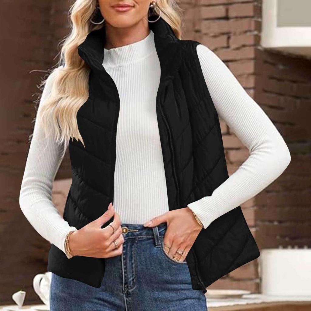 Women's Fashionable Solid Color Stand Up Collar Sleeveless Zipper Pocket Jacket Vest Jacket