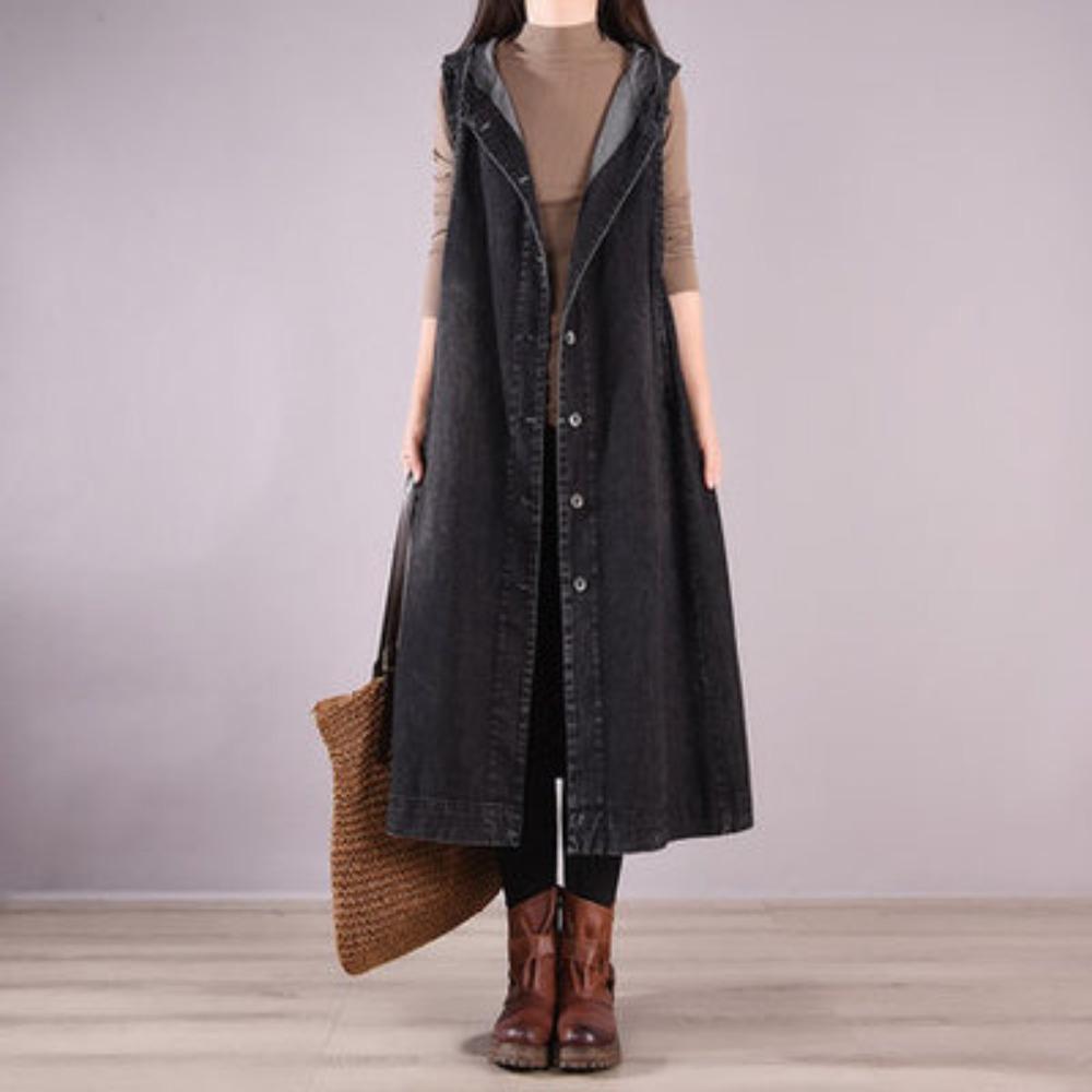 women s Long Denim Hooded Vest Sleeveless Button Down Loose Fit Casual Waistcoat L чёрный