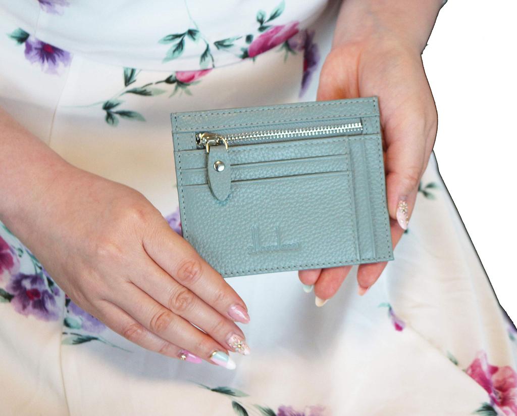 [Zeehana] Genuine Leather Slim Card Case with Coin Compartment (Gray)