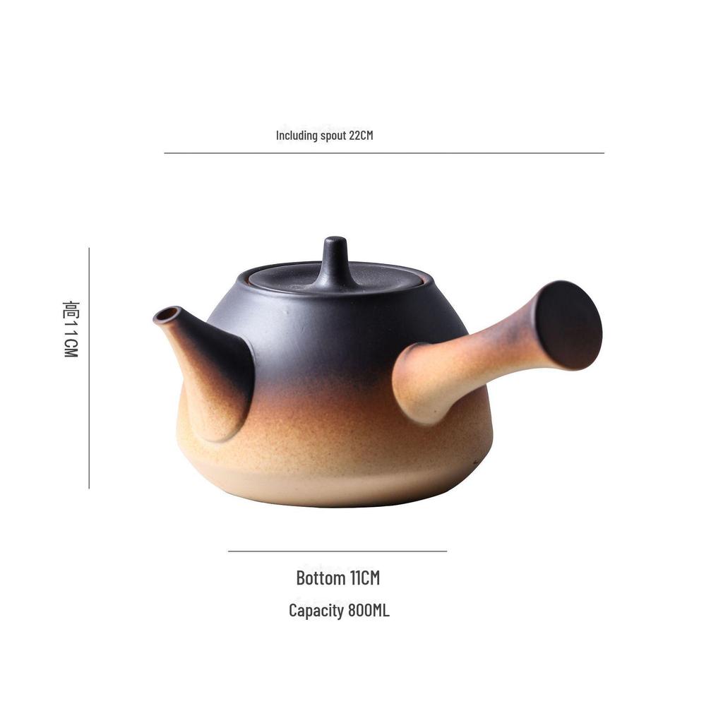 Ceramic Kung Fu Tea Set: Black Teapot with Side Handle and Charcoal Stove for Open Fire.