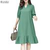 Women Casual V-neck Solid Color Short Sleeve Dress