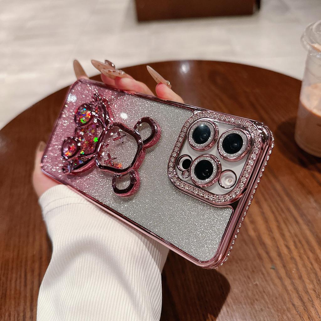 Applicable To IPhone 16 Mobile Phone Case Rhinestone Flash Powder Quicksand Violent Bear Apple 15 ProMax Advanced Sense Anti-fall Cover