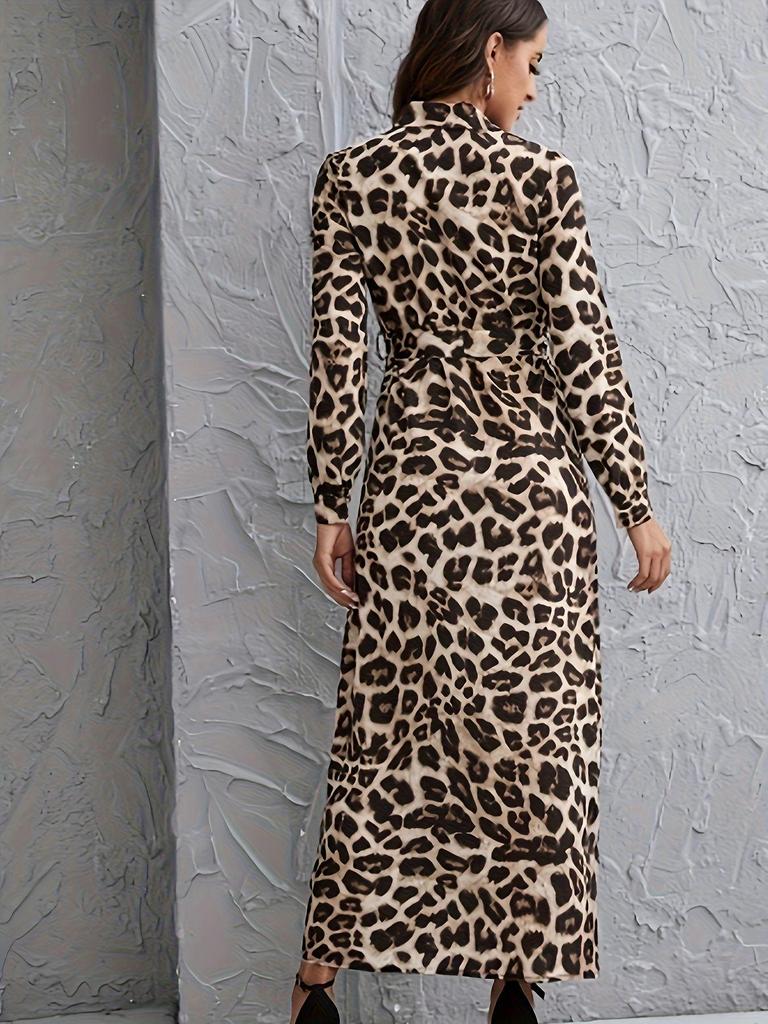 2026 Stylish Leopard Print Lapel Dress for Women with Belted Waist and Slit