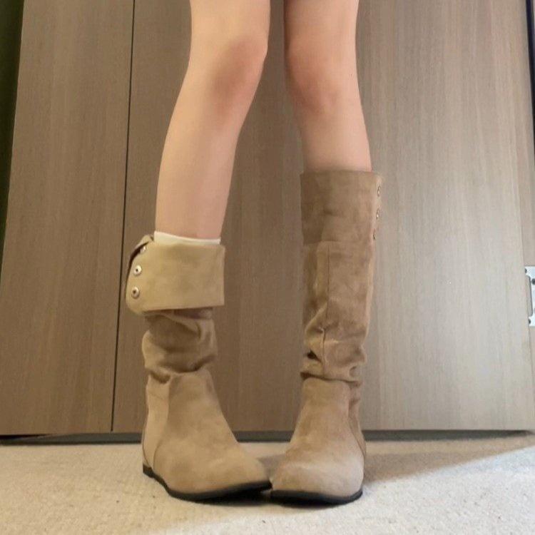 Women's boots tall tube fashion wear inner height increase retro fold two piles of boots women's boots autumn and winter thin new models