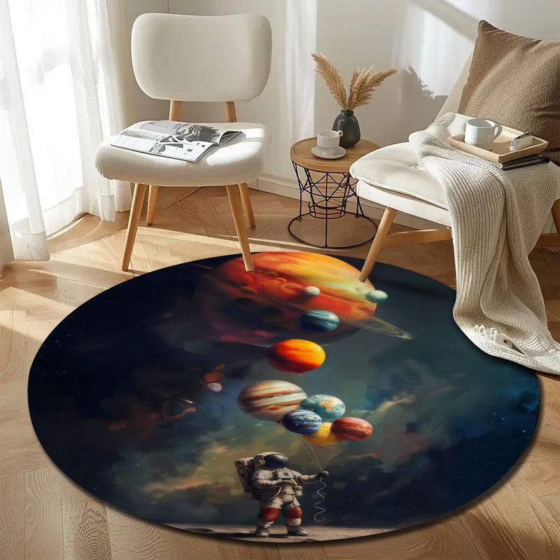 Astronaut in Space with Planets Round Area Rug, Galaxy Adventure Theme