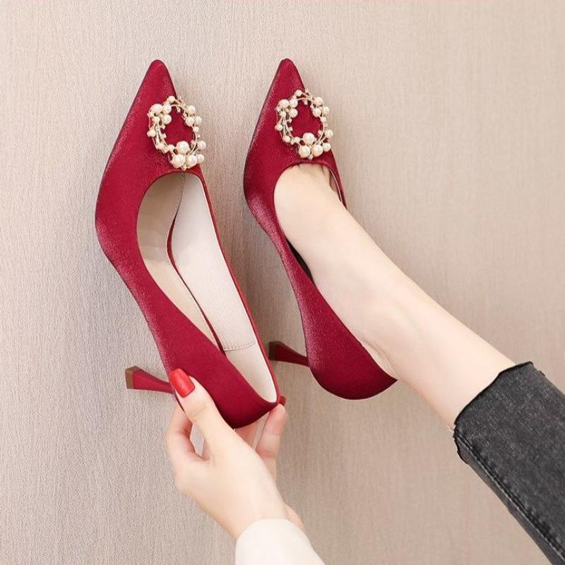 High Heel Women's Shoes Pearl Rhinestone Pointed Toe Ladies Pumps On Sale Korean Style Chic Point 2025 Trend Wedding Bride Shoe