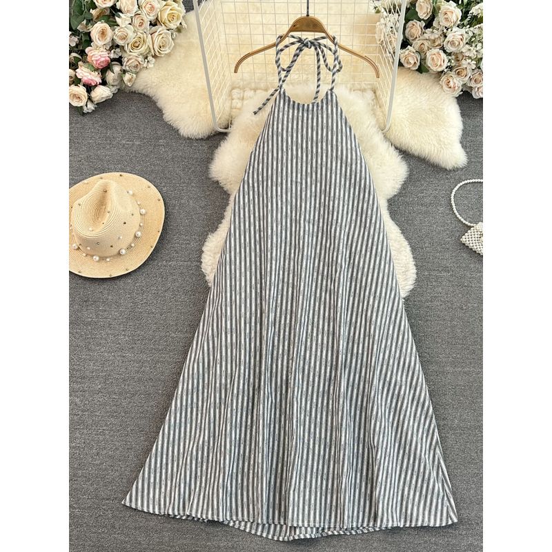 Summer Open Back Sling Loose Stripes Dress Halterneck