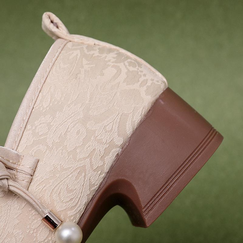 Women's Chinese Style Qipao Cloth Shoes – Round Toe, Low-Cut, Mid-Heel Dance Wedges