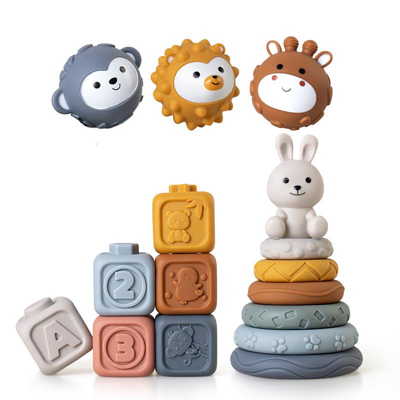 Soft Rubber Baby Hand-Grip Ball, Building Blocks & Stacking Rings Toy Set