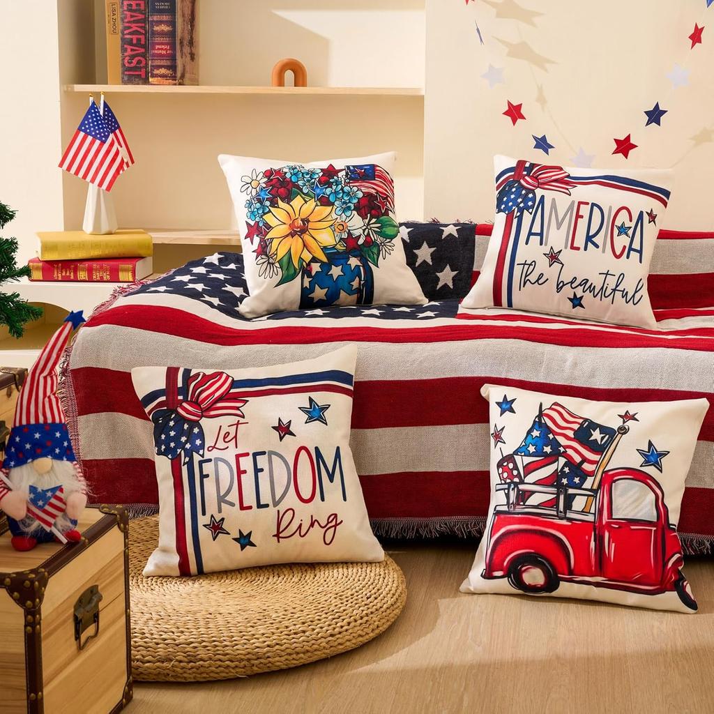 Set Of 4 Decor Throw Pillow Covers Patriotic Linen Pillow Case For Veterans American Summer Outdoor Red White Blue Decorations