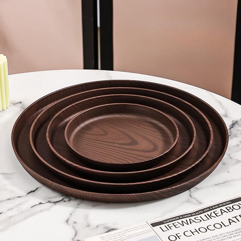 Walnut Wood-Grain Round Serving Tray-Multi-Purpose Plate for Coffee, Bread, Pastries & Tea Set Storage, Ideal for Tea Ceremonies