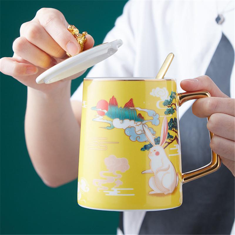 Europäische Keramik Katze Kaffeetasse – Niedliche Cartoon Frühstück Milch Tasse mit Löffel und Deckel