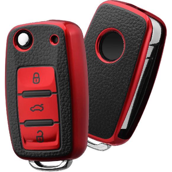 ELOHEI for VW Key Fob Cover, Premium Soft TPU 361 Degree Full Protection for VW Volkswagen Jetta Beetle Tiguan Passat Golf MK6 Polo 3 Buttons(Leather