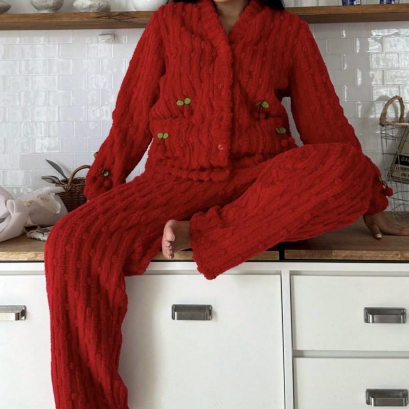 Set Pijama Călduros Căptușit cu Fleece pentru Femei Mânecă Lungă Decolteu în V Îmbrăcăminte de Noapte cu Imprimeu Cireșe Confortabil pentru Casă