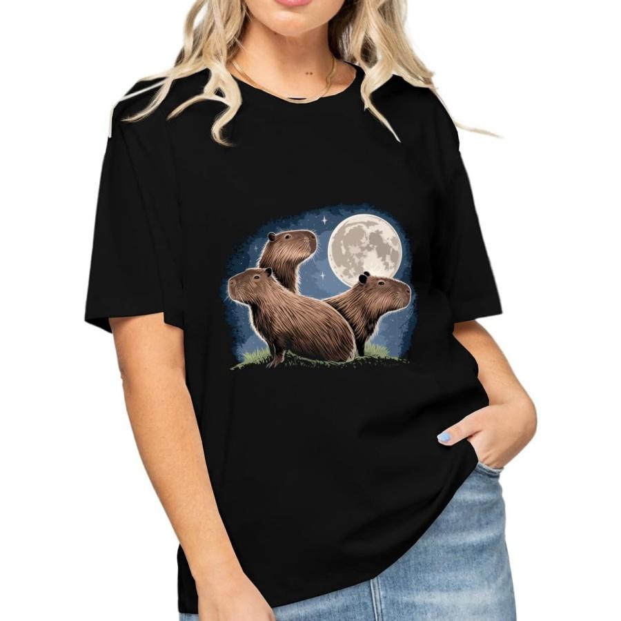 Vintage Three Capybaras and Moon Funny Capybara Humor Parody Graphic T-Shirt for Women Girls Casual Tops S