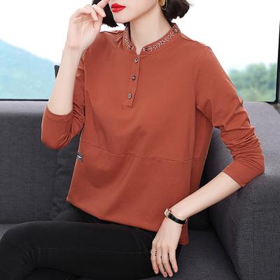 Spring Fashion T-shirt Women's Top Middle-aged Autumn Fashion Stand Up Collar Embroidered Base Shirt T-Shirts Women’s