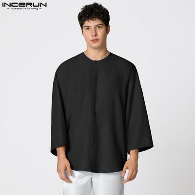S-XXXXXL Men Casual Loose 3/4 Sleeve Solid Color Long Tunic Tops Shirts
