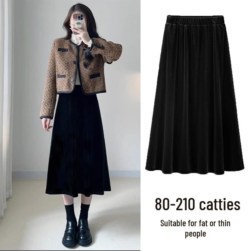 

Black A-Line Golden Velvet Elastic Waist Mid-Length Skirt for Women - Plus Size, Spring/Autumn Fashion. XXXL (For weight 160-180 jins)