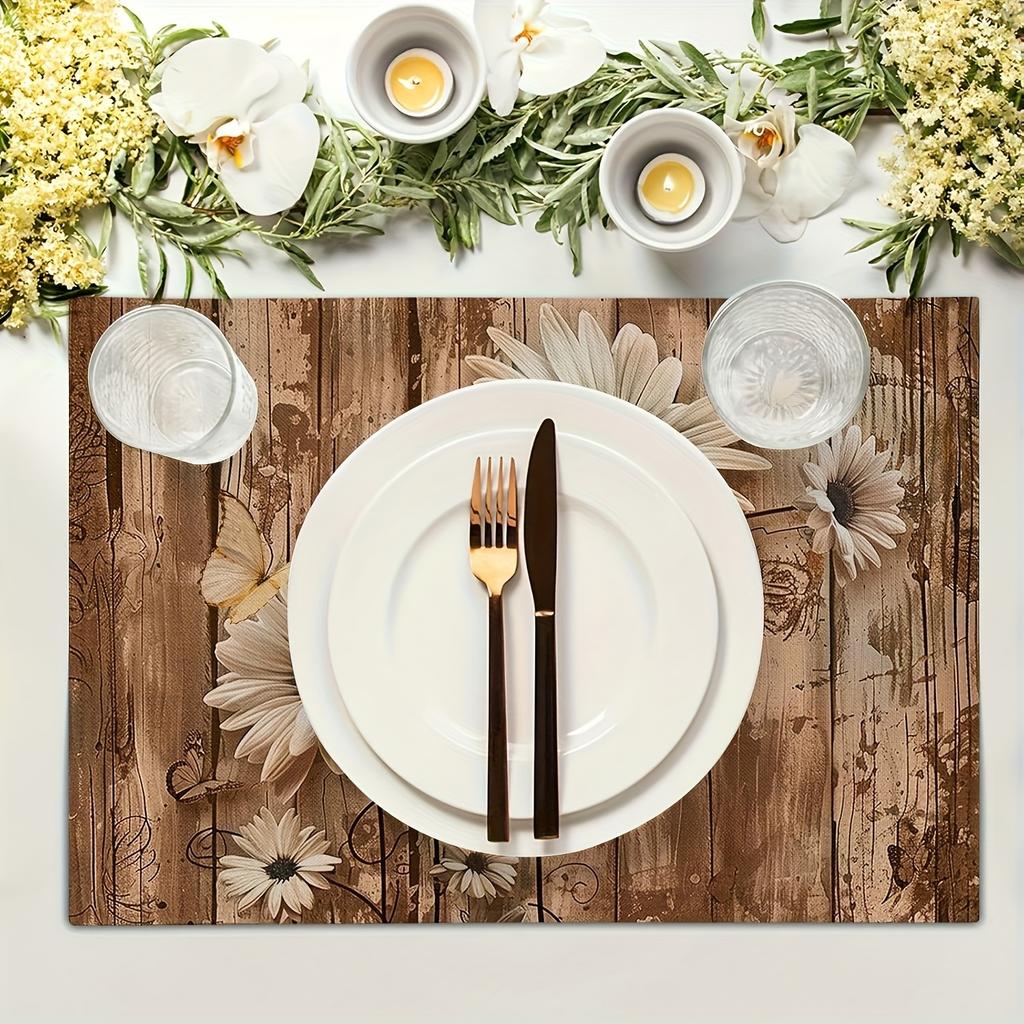 4pcs Rustic Daisy Pattern White Sunflower Vintage Wooden Placemat Set 12x18 inches Non-slip Heat-resistant Kitchen Table Setting