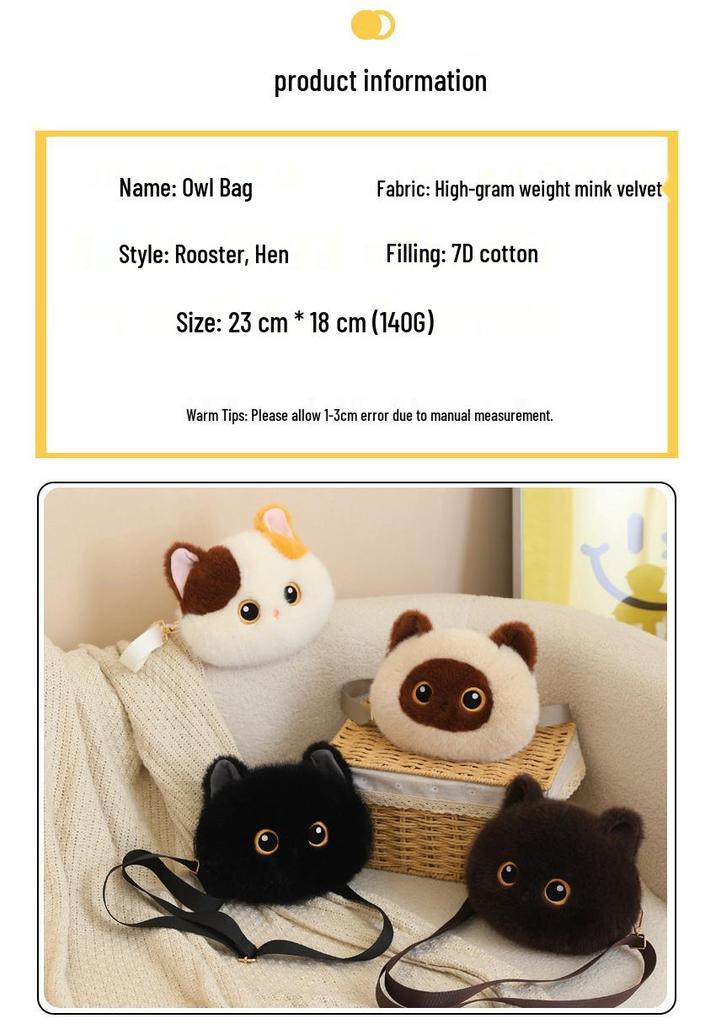 Borsa a tracolla in peluche gatto nero tricolore - Borsa a spalla carina, versatile e regalo di compleanno.