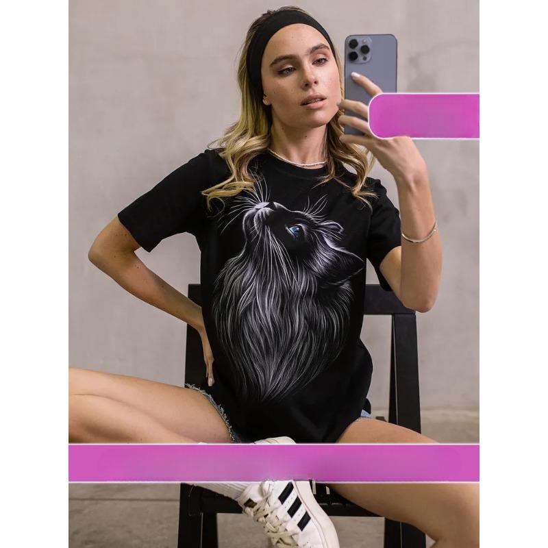 Top de vară cu gât rotund și imprimeu 3D cu pisică, tricouri de damă la modă și casual cu mânecă scurtă