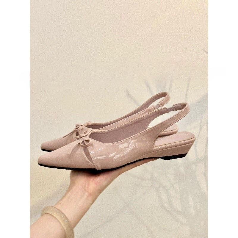 Magnificent Purple! Temperament Patent Leather Pointed Head Hollow Bow Bag Head Empty Sandals Women's Spring Flat-soled Single Shoes
