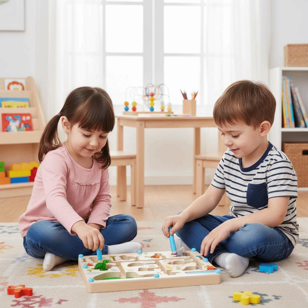 Wooden Board Magnetic Color Sorting Maze Magnetic Beads Montessori Wooden Puzzle  For Boys Girls