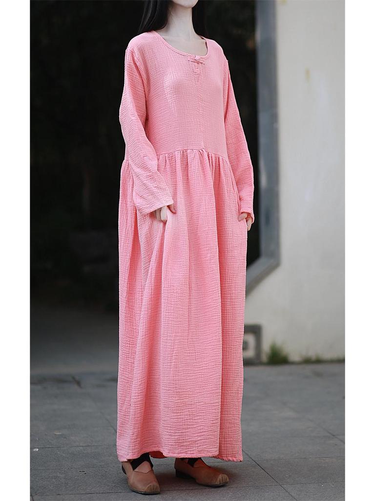Women's Double-Layer Cotton and Linen Retro Long Dress - Cool, Gentle Style, Available In 4 Colors