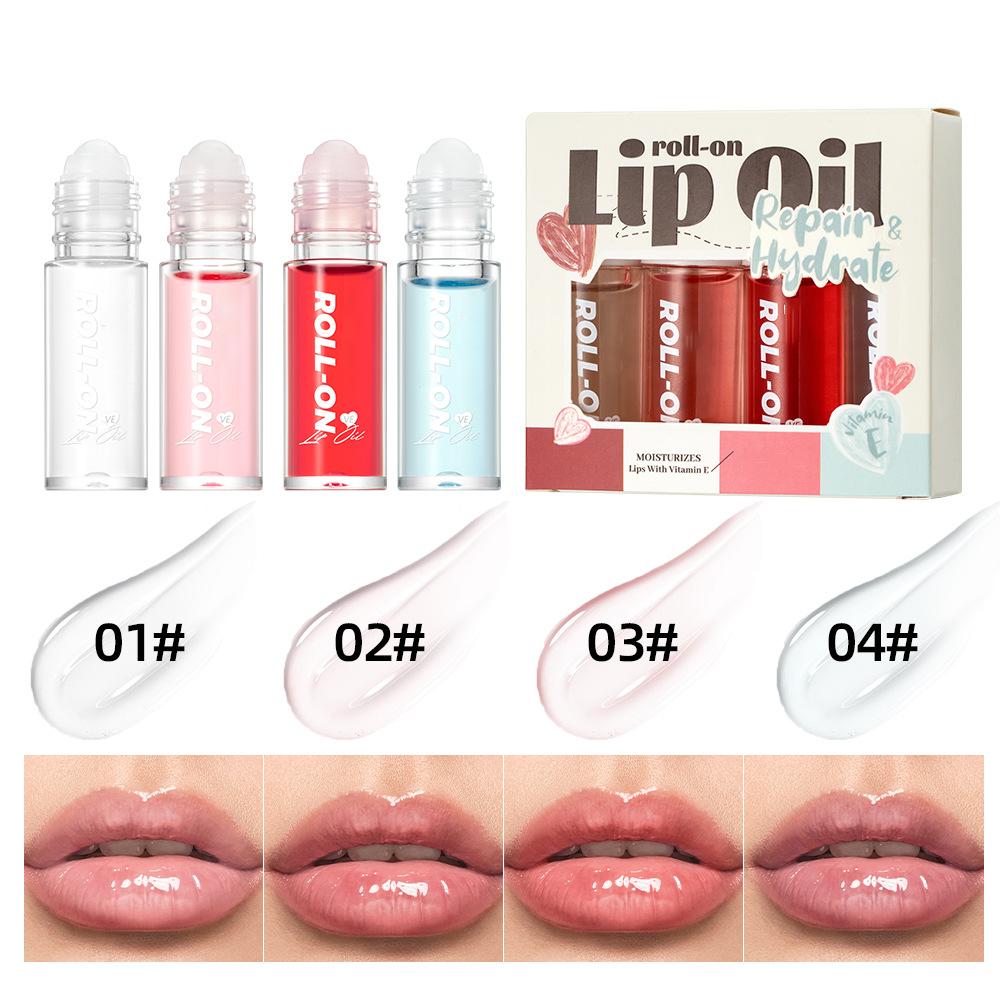Lip Oil Gloss Set with Roller Ball – Moisturizing, Plumping & Transparent Shine 4pc set