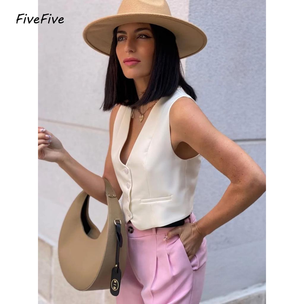 FiveFive Vest Women Cropped Waistcoat Fashion Front Buttons Tops Vintage V Neck Sleeveless Female Outerwear White Chic Vests