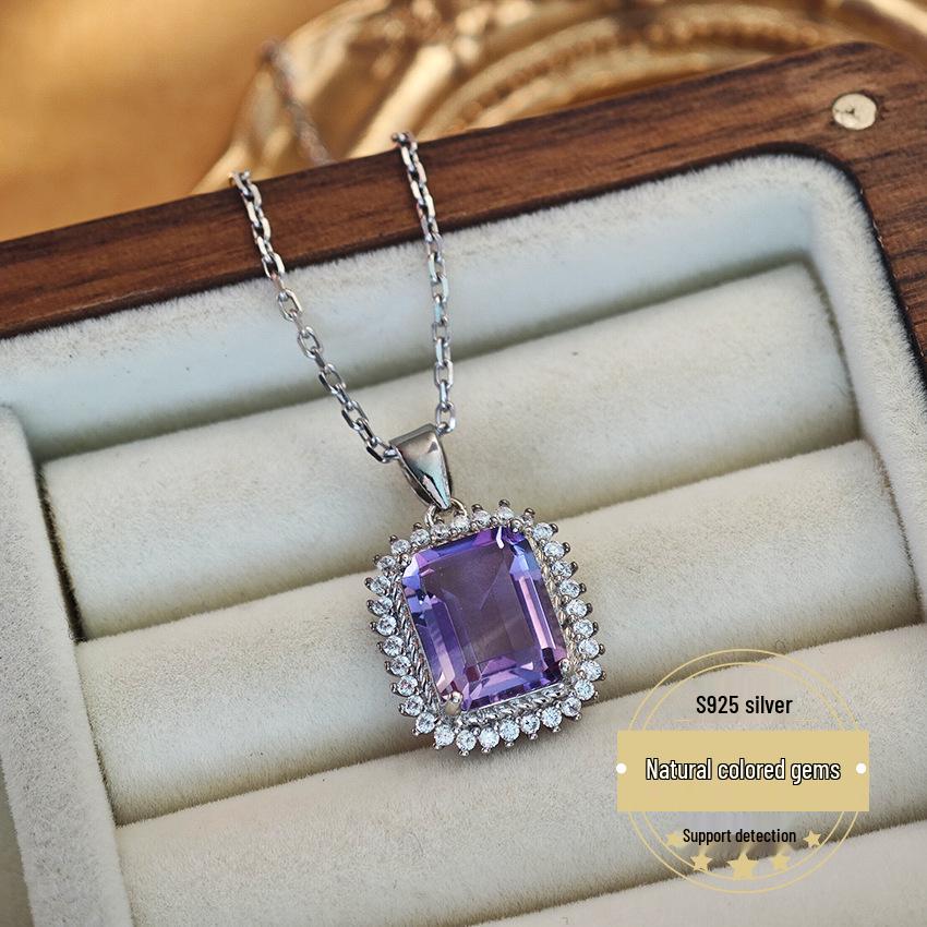 Natural Amethyst Pendant with 925 Silver Inlaid Square Design