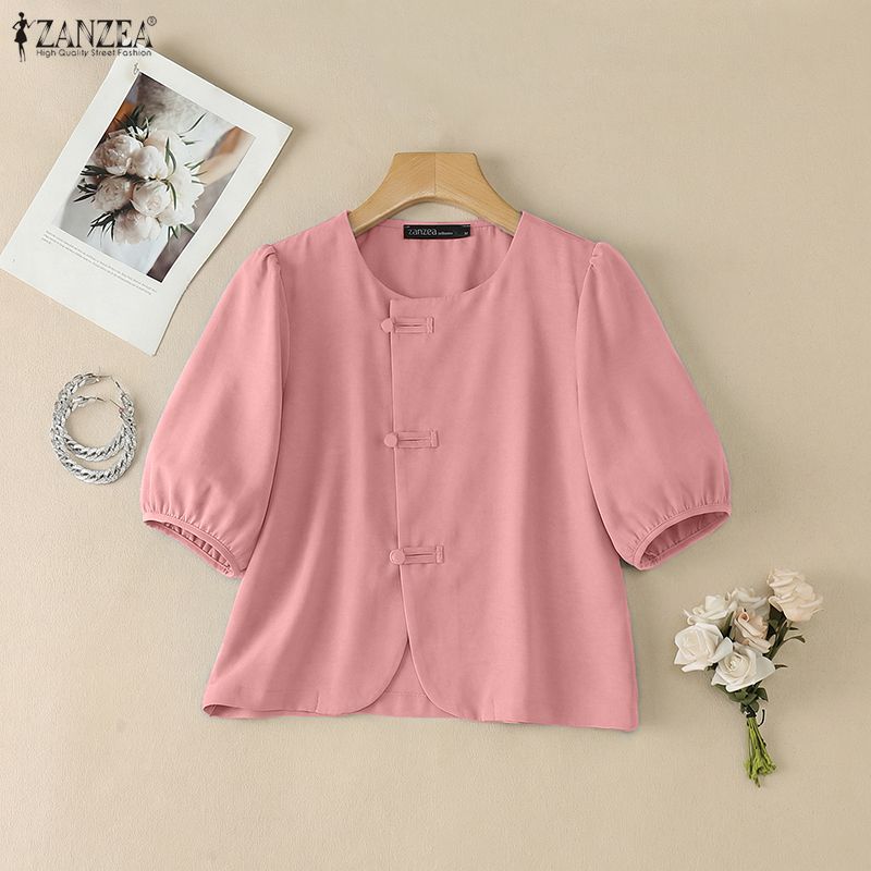 ZANZEA Blusa feminina casual gola redonda cor sólida verão manga curta