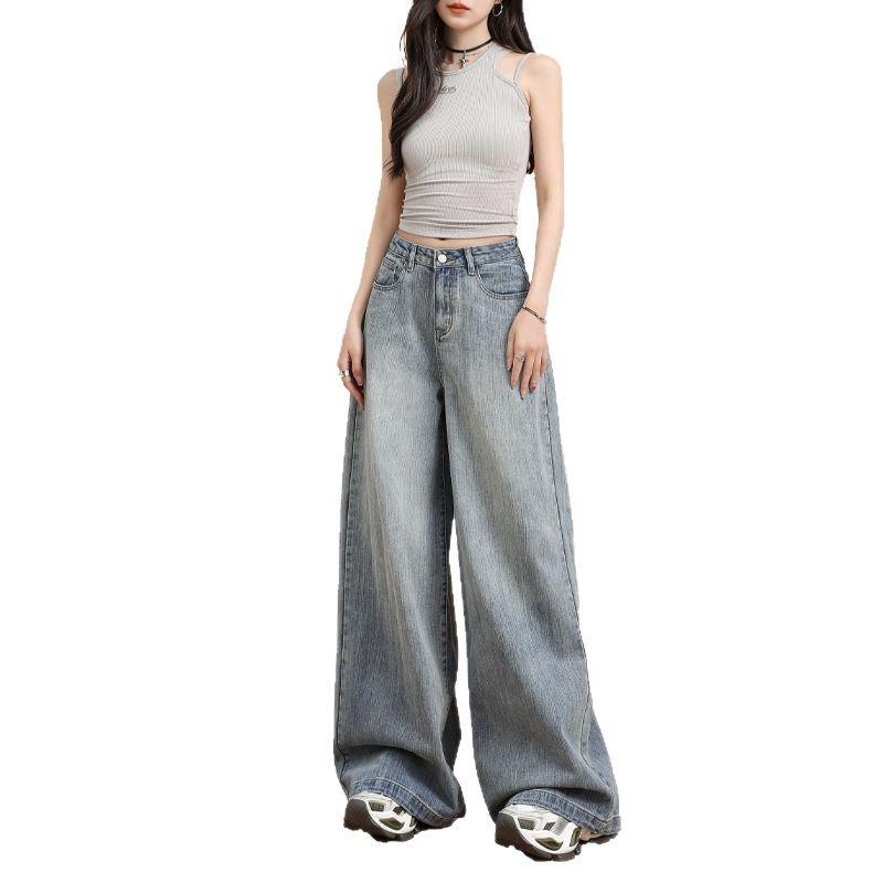 Slub Pattern Loose Wide-leg Jeans Women's Spring New Design Sense Retro American Straight Mopping Pants