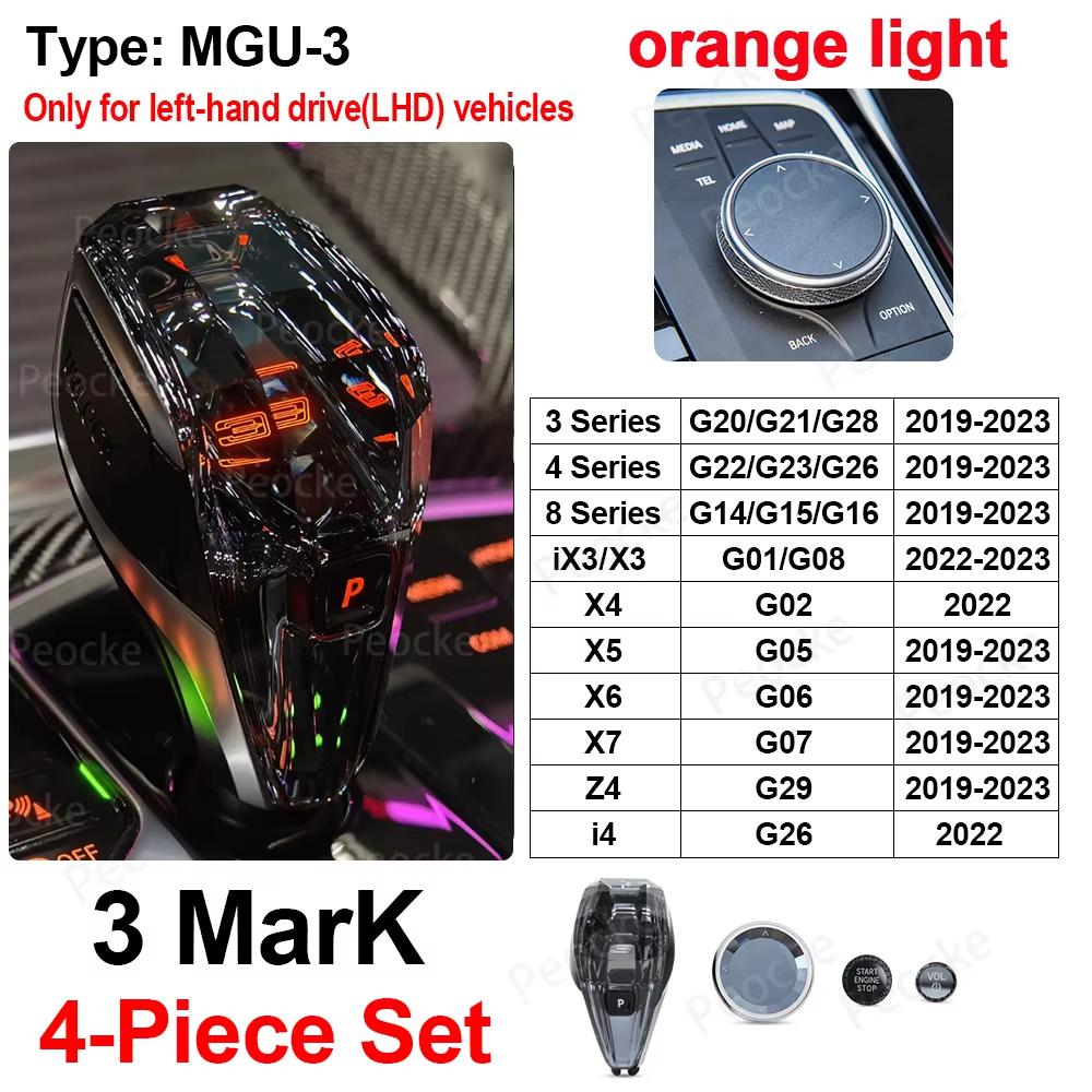 Crystal Gear Shift Knob with Orange Light For BMW G20 G29 G26 G28 G22 G12 X7 G07 X3 G01 X4 G02 X5 G05 iX3 G08 Gearbox Lever Head