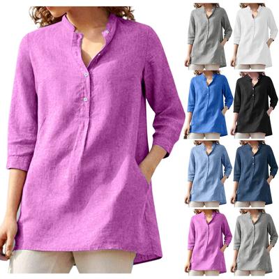Women's Fashion Casual Button Loose Cotton Hemp Seven-point Sleeve Stand-up Collar Solid Color Top