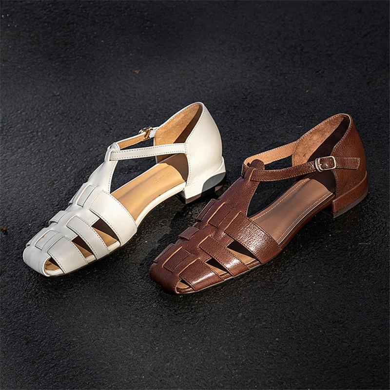 Fashion New Summer Sandals Genuine Leather Square Toe Sandals for Women Fashion Cover Toe Low Heels Sandals Ladies Shoes Gladiator Shoes