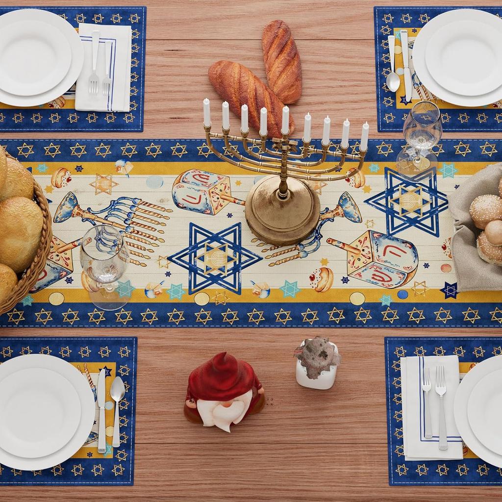 XCHI Hanukkah Six-Pointed Star Chanukah Menorah Dreidel Table Runner Table Decoration for Party Home Kitchen Dining Holiday Decor 13x72 Inch