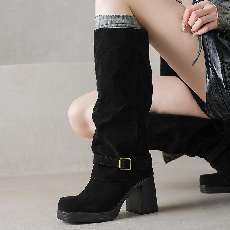 Women's High-heeled Boots Autumn and Winter New Sexy Temperament Thick Heel Square Head Large Size Medium Boots