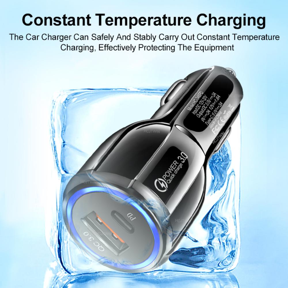 PD 18W Car Charger QC3.0 USB Type C PD Fast Charger Dual Ports Quick Charging Car Adapter for IPhone 13 Pro Max Samsung